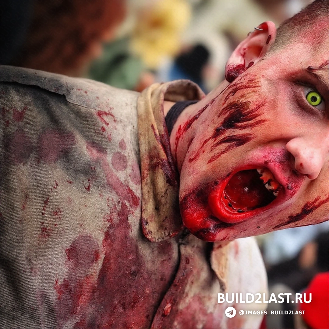 Фестиваль зомби, жуткие фигуры мертвых, карнавальные костюмы и пугающая атмосфера