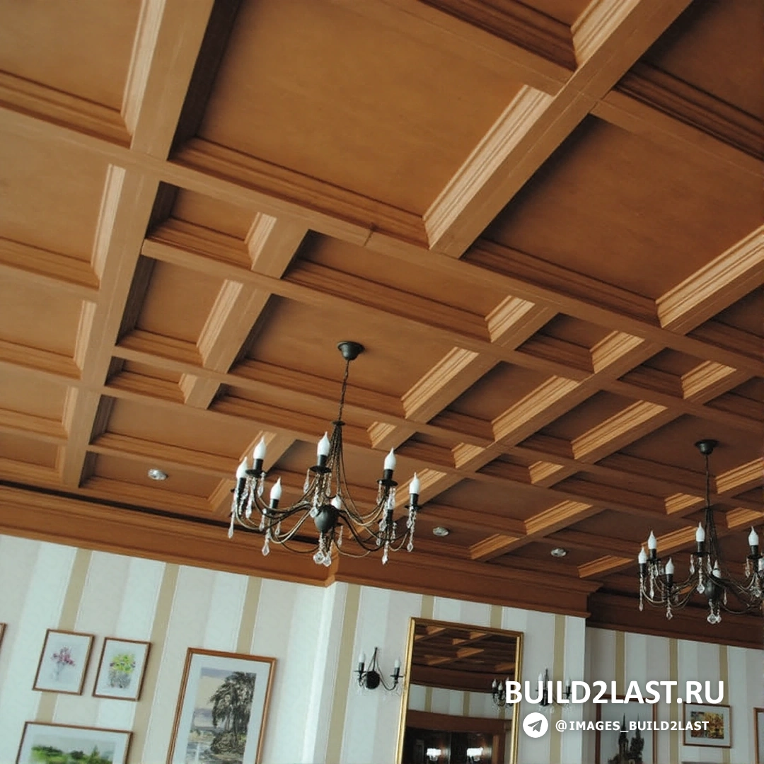 Кессонные потолки из темного дерева с точечным освещением, люстрами и белыми элементами