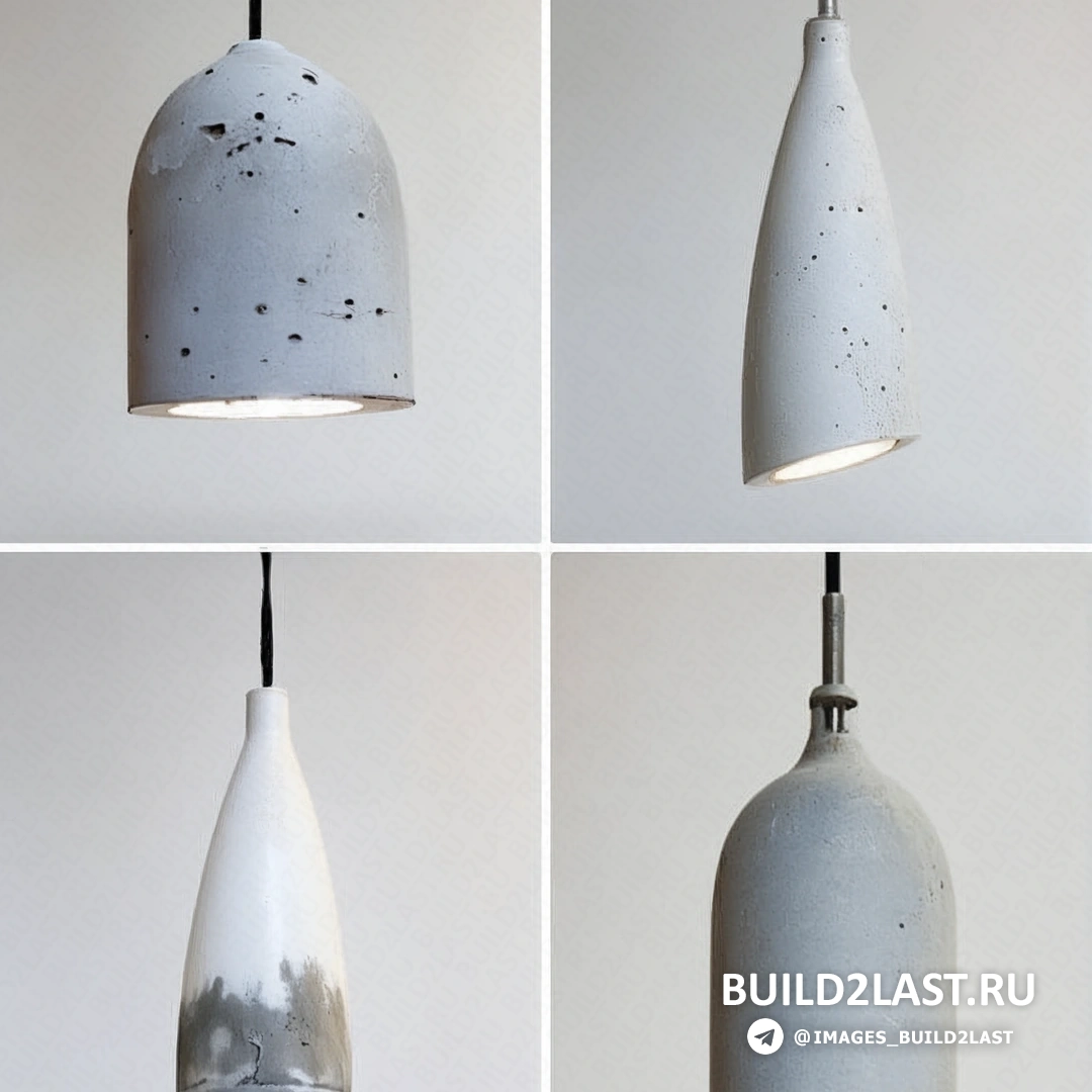 Подвесной светильник из бетона в сером цвете с элементами светлого дерева и дизайнерским оформлением