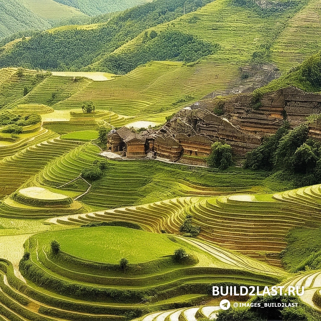 Рисовые террасы в горах Китая, популярная природная достопримечательность