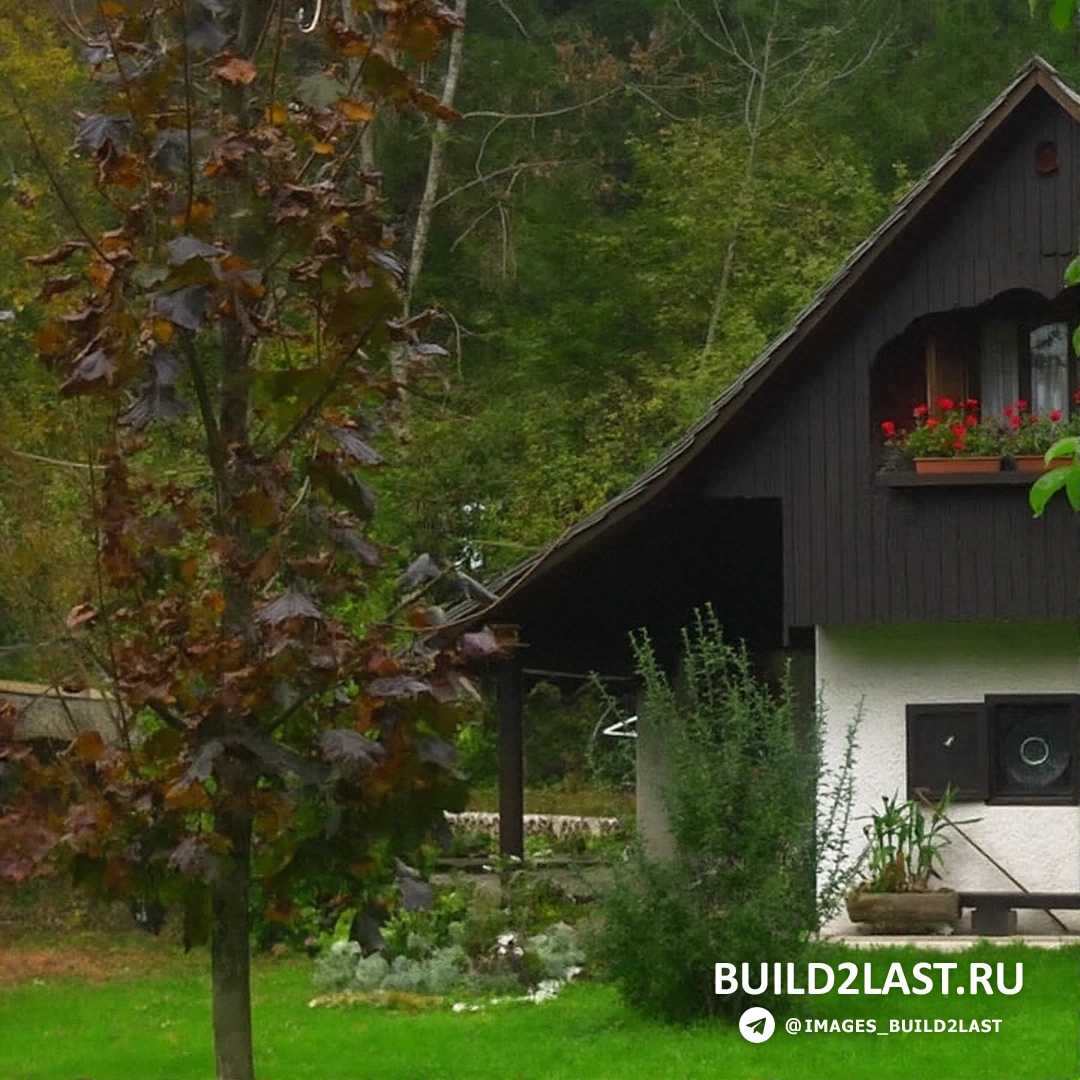 Шале с отделкой из дикого камня и светлого дерева, расположенное в лесной местности, выполненное из бруса и доски.