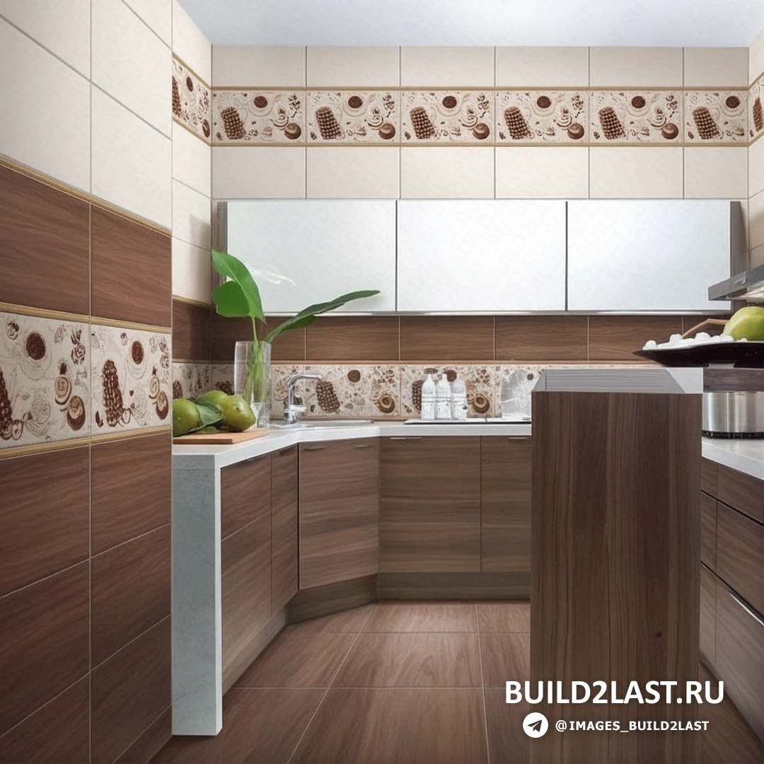 Тосканское панно из плитки на кухонном фартуке в бежевых и коричневых оттенках.