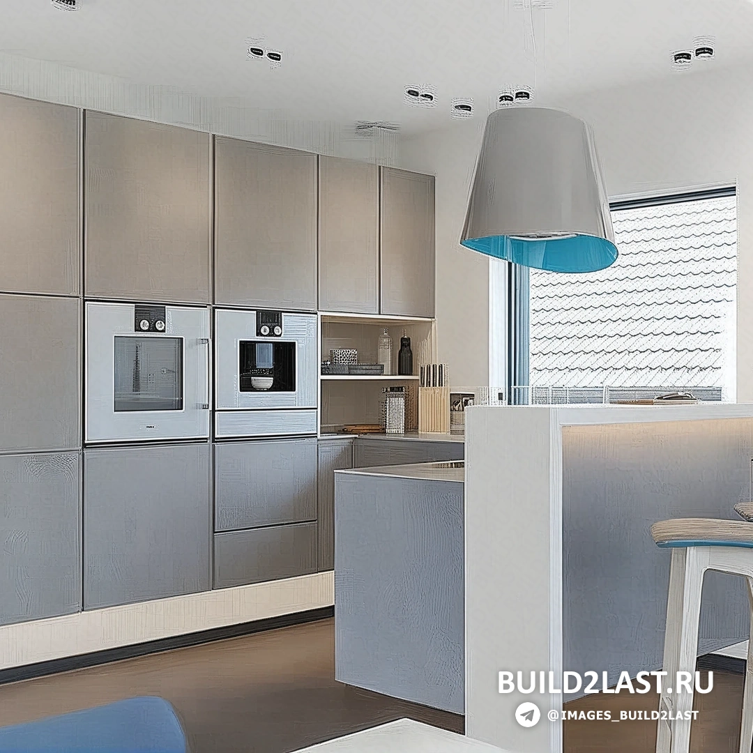 Уголок кухни с барной стойкой, наливными полами и подвесными светильниками. Современные серые и белые оттенки.