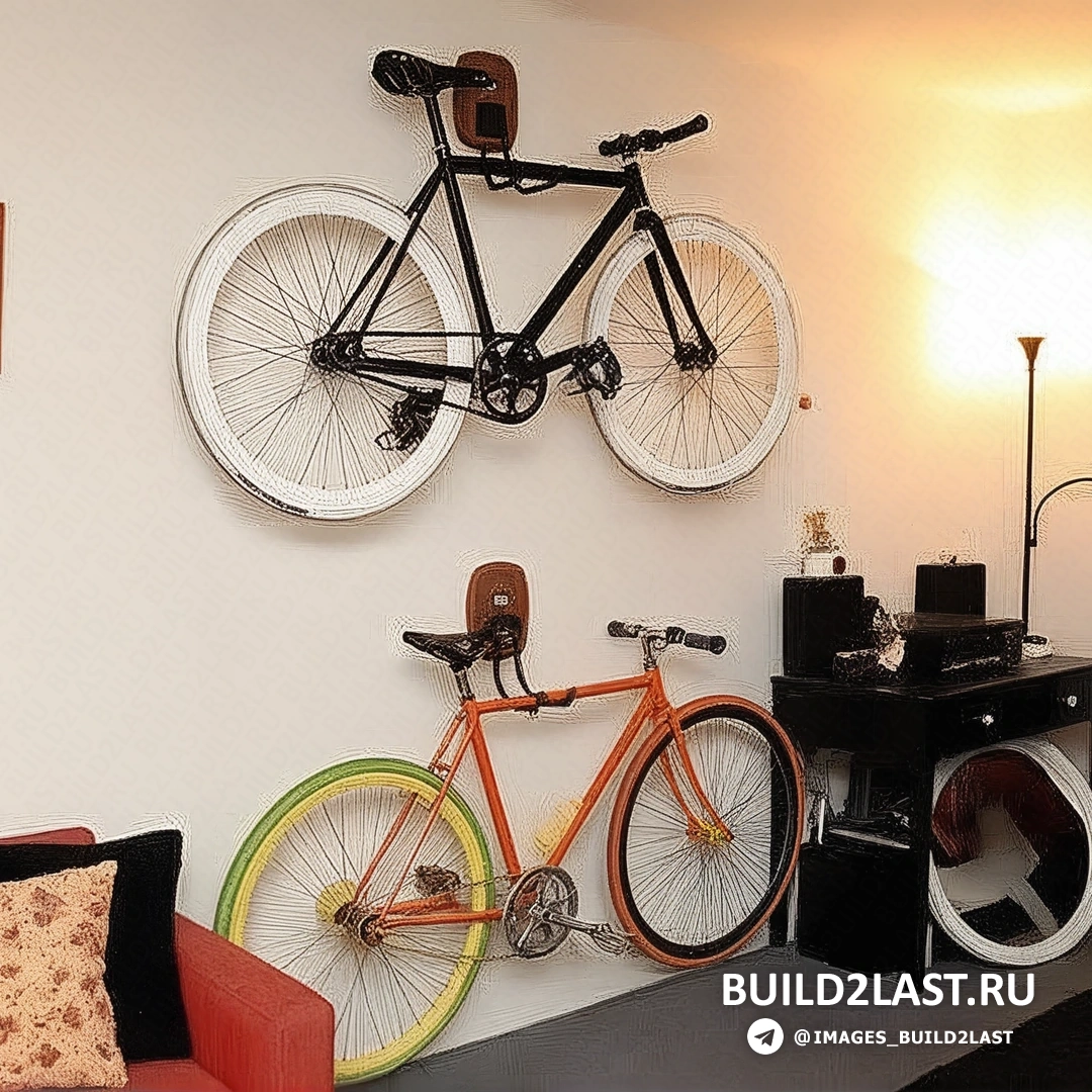 Велосипед, поставленный на специальную деревянную полку в жилом интерьере