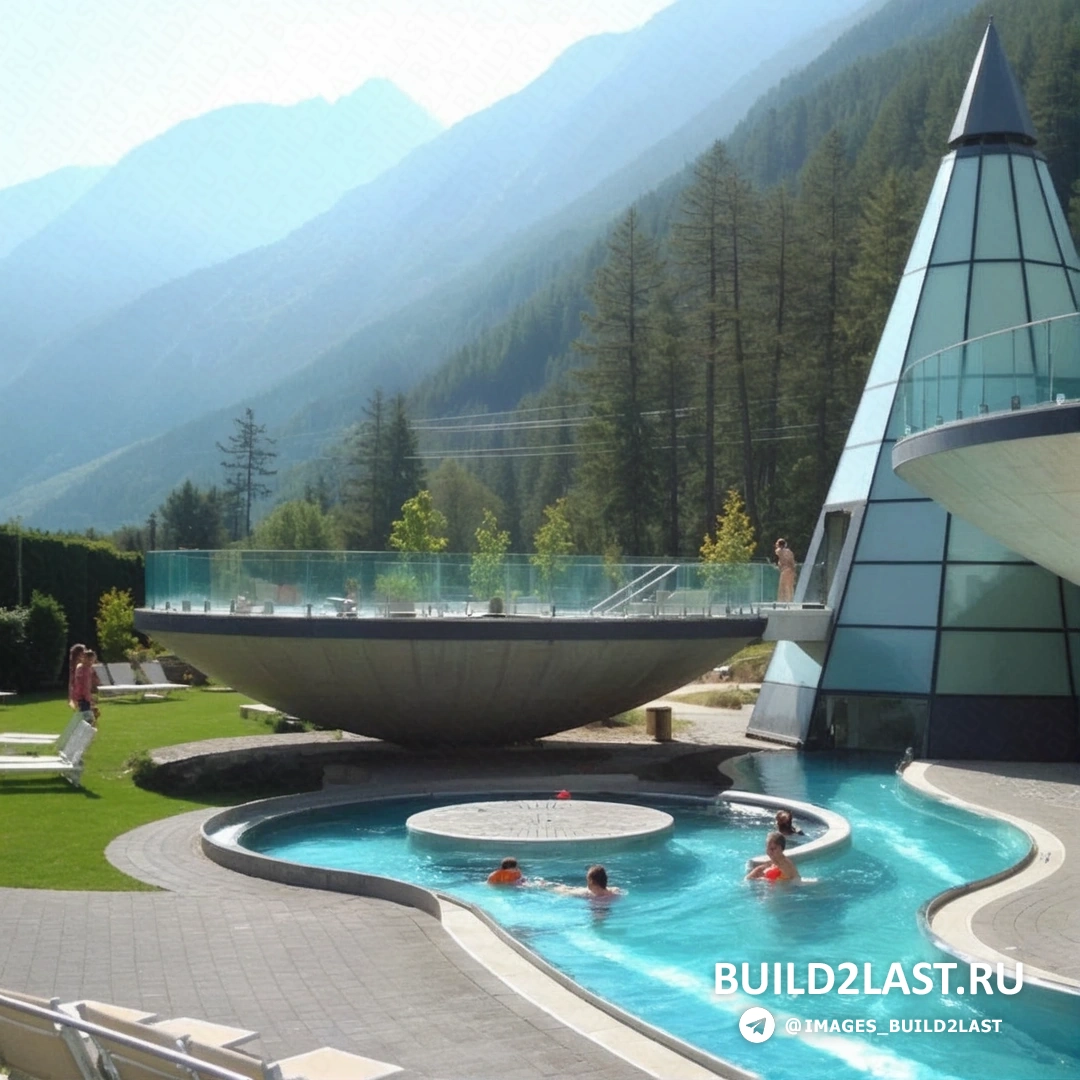 Зимний вид на Aqua Dome с покрытыми снегом бассейнами и горами